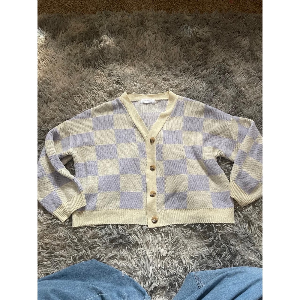 OAK + FORT Womens Small Purple Cream Checkered Cropped V-Neck Cardigan Cozy - Picture 2 of 4